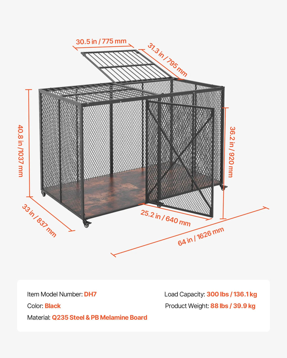 VEVOR 64 Inch Heavy Duty Dog Crate, Max Load Capacity 300 lbs, Indestructible Escape-Proof Dog Kennel Indoor for High Anxiety Large Breeds, Steel Metal Pet Cage with Double Doors & Lockable Wheels