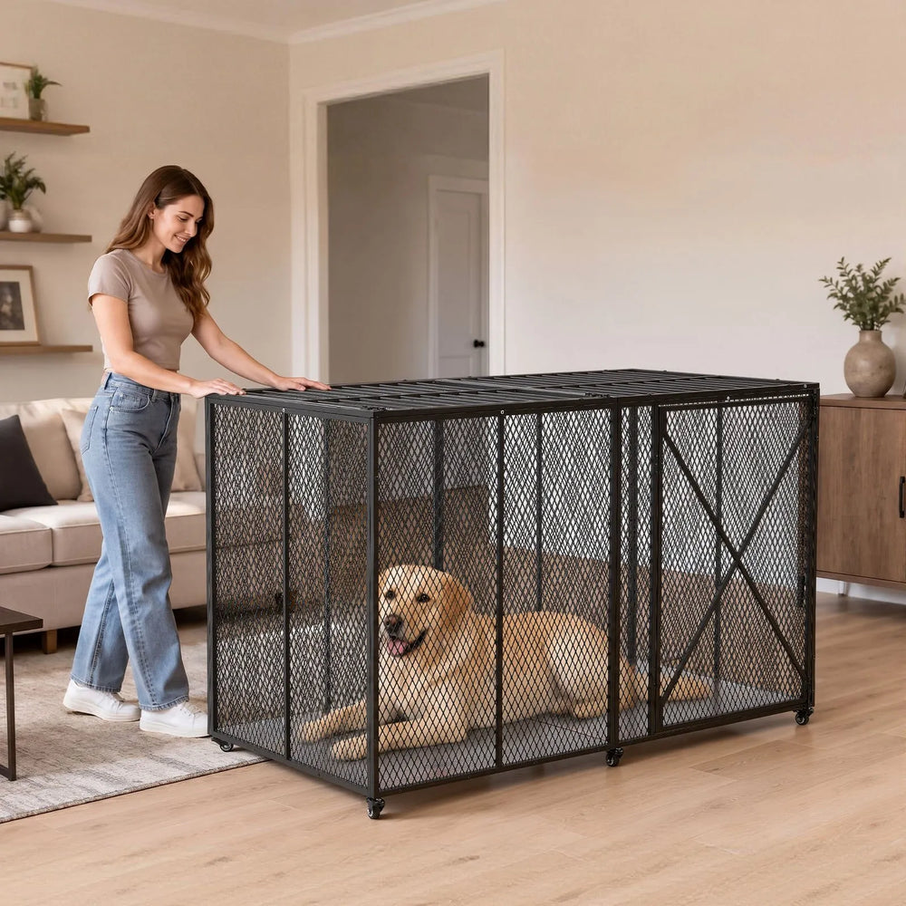 VEVOR 64 Inch Heavy Duty Dog Crate, Max Load Capacity 300 lbs, Indestructible Escape-Proof Dog Kennel Indoor for High Anxiety Large Breeds, Steel Metal Pet Cage with Double Doors & Lockable Wheels