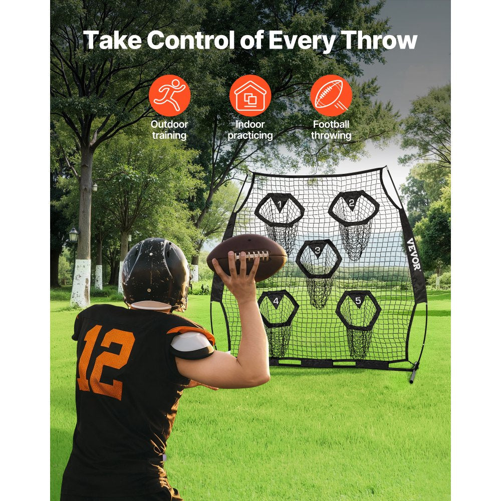 VEVOR 6 x 6 ft Football Trainer Throwing Net, Training Throwing Target Practice Net with 5 Target Pockets, Knotless Net Includes Straps and Portable Carry Case, Improve QB Throwing Accuracy, Black