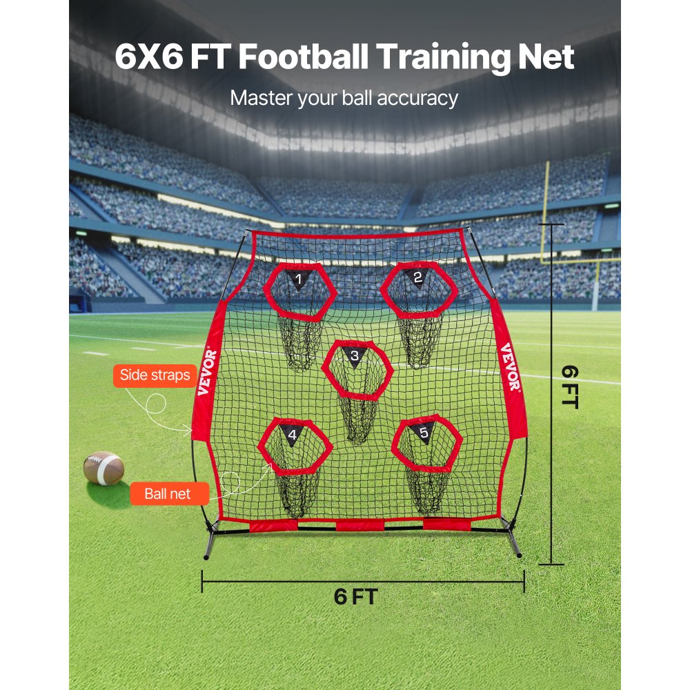 VEVOR 6 x 6 ft Football Trainer Throwing Net, Training Throwing Target Practice Net with 5 Target Pockets, Knotless Net Includes Straps and Portable Carry Case, Improve QB Throwing Accuracy, Red