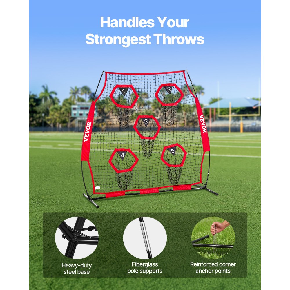 VEVOR 6 x 6 ft Football Trainer Throwing Net, Training Throwing Target Practice Net with 5 Target Pockets, Knotless Net Includes Straps and Portable Carry Case, Improve QB Throwing Accuracy, Red