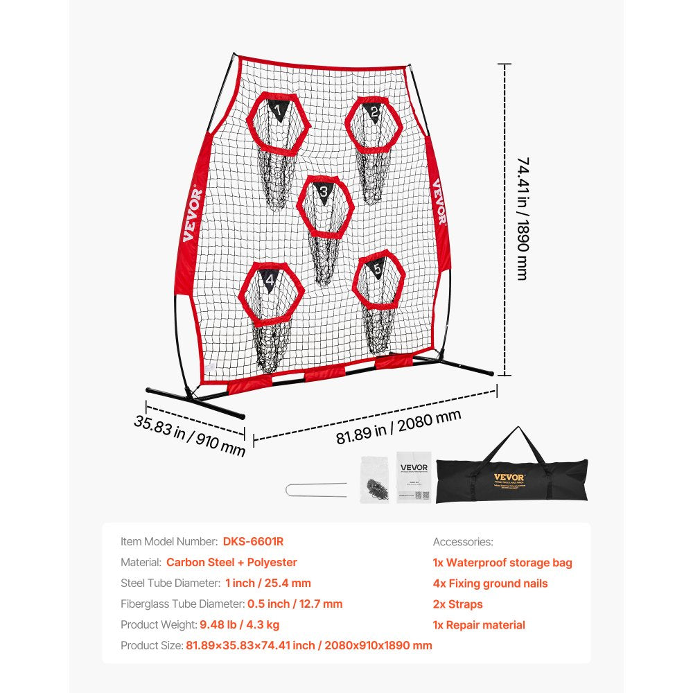 VEVOR 6 x 6 ft Football Trainer Throwing Net, Training Throwing Target Practice Net with 5 Target Pockets, Knotless Net Includes Straps and Portable Carry Case, Improve QB Throwing Accuracy, Red