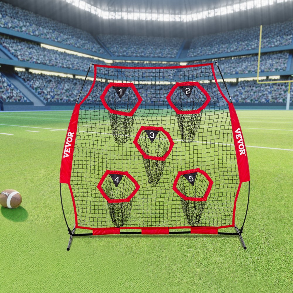 VEVOR 6 x 6 ft Football Trainer Throwing Net, Training Throwing Target Practice Net with 5 Target Pockets, Knotless Net Includes Straps and Portable Carry Case, Improve QB Throwing Accuracy, Red