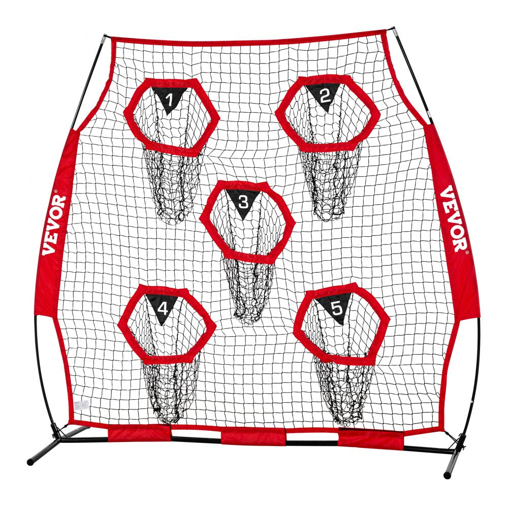 VEVOR 6 x 6 ft Football Trainer Throwing Net, Training Throwing Target Practice Net with 5 Target Pockets, Knotless Net Includes Straps and Portable Carry Case, Improve QB Throwing Accuracy, Red