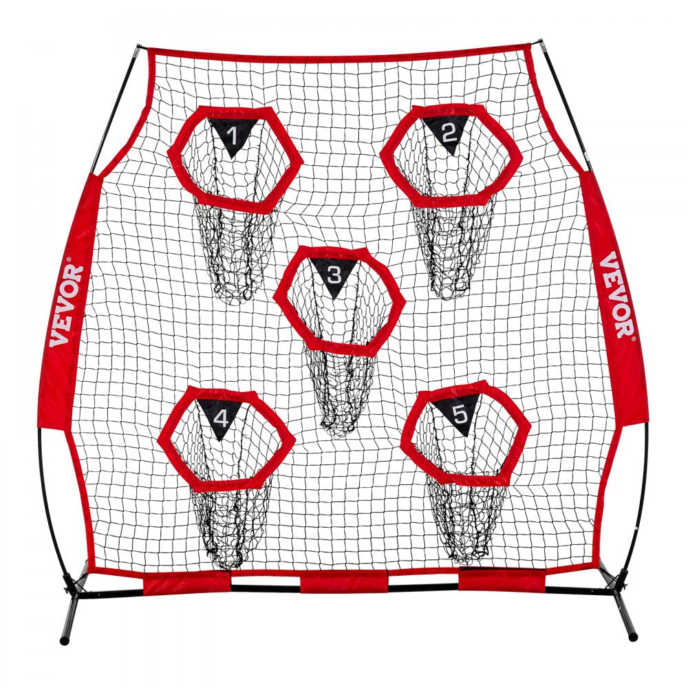 VEVOR 6 x 6 ft Football Trainer Throwing Net, Training Throwing Target Practice Net with 5 Target Pockets, Knotless Net Includes Straps and Portable Carry Case, Improve QB Throwing Accuracy, Red