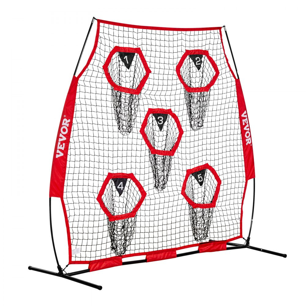 VEVOR 6 x 6 ft Football Trainer Throwing Net, Training Throwing Target Practice Net with 5 Target Pockets, Knotless Net Includes Straps and Portable Carry Case, Improve QB Throwing Accuracy, Red
