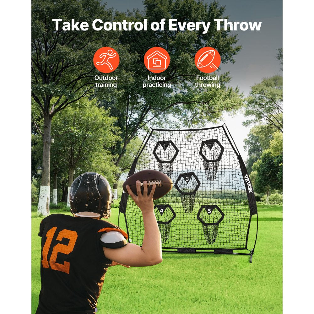 VEVOR 7 x 7 ft Football Trainer Throwing Net, Training Throwing Target Practice Net with 5 Target Pockets, Knotless Net Includes Straps and Portable Carry Case, Improve QB Throwing Accuracy, Black
