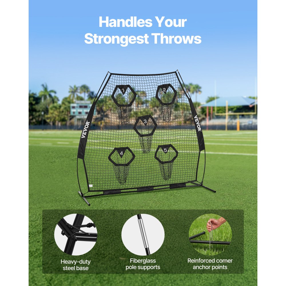 VEVOR 7 x 7 ft Football Trainer Throwing Net, Training Throwing Target Practice Net with 5 Target Pockets, Knotless Net Includes Straps and Portable Carry Case, Improve QB Throwing Accuracy, Black