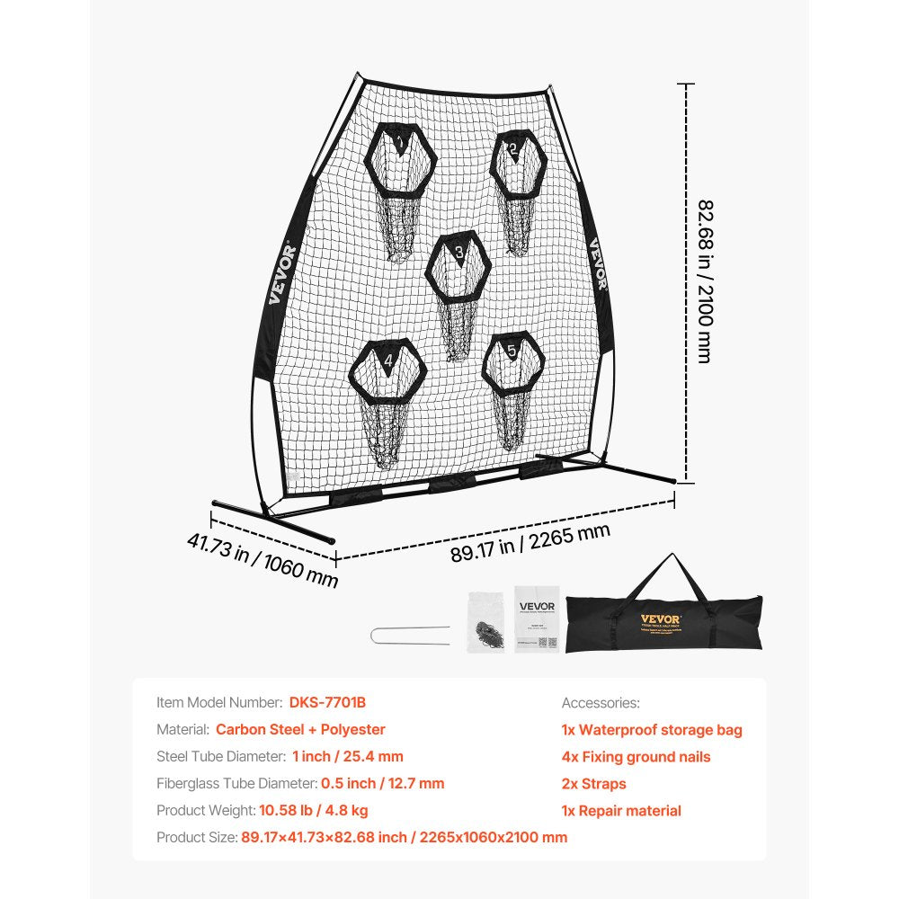 VEVOR 7 x 7 ft Football Trainer Throwing Net, Training Throwing Target Practice Net with 5 Target Pockets, Knotless Net Includes Straps and Portable Carry Case, Improve QB Throwing Accuracy, Black