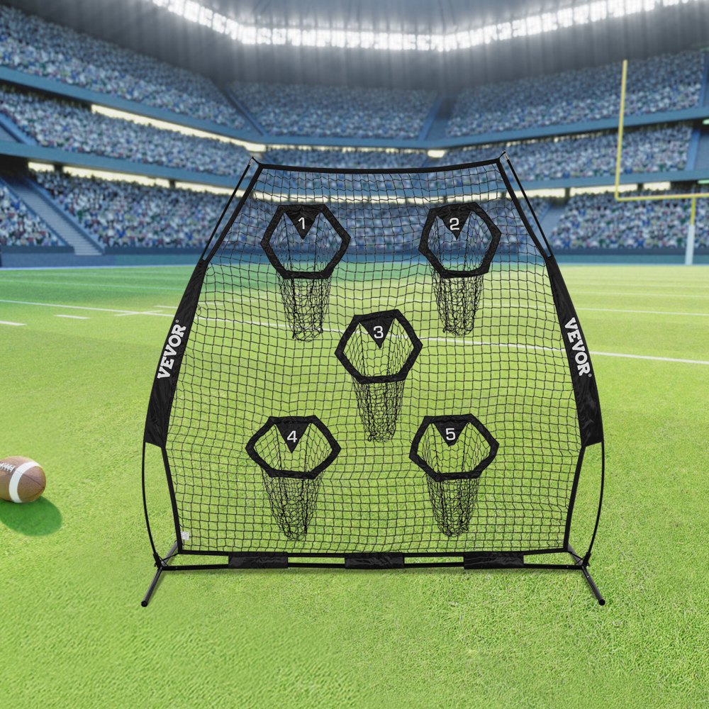 VEVOR 7 x 7 ft Football Trainer Throwing Net, Training Throwing Target Practice Net with 5 Target Pockets, Knotless Net Includes Straps and Portable Carry Case, Improve QB Throwing Accuracy, Black