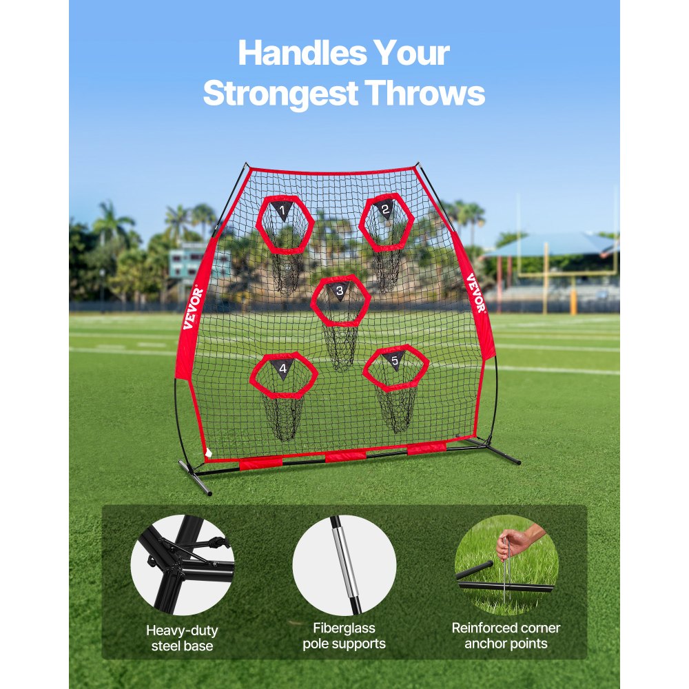 VEVOR 7 x 7 ft Football Trainer Throwing Net, Training Throwing Target Practice Net with 5 Target Pockets, Knotless Net Includes Straps and Portable Carry Case, Improve QB Throwing Accuracy, Red