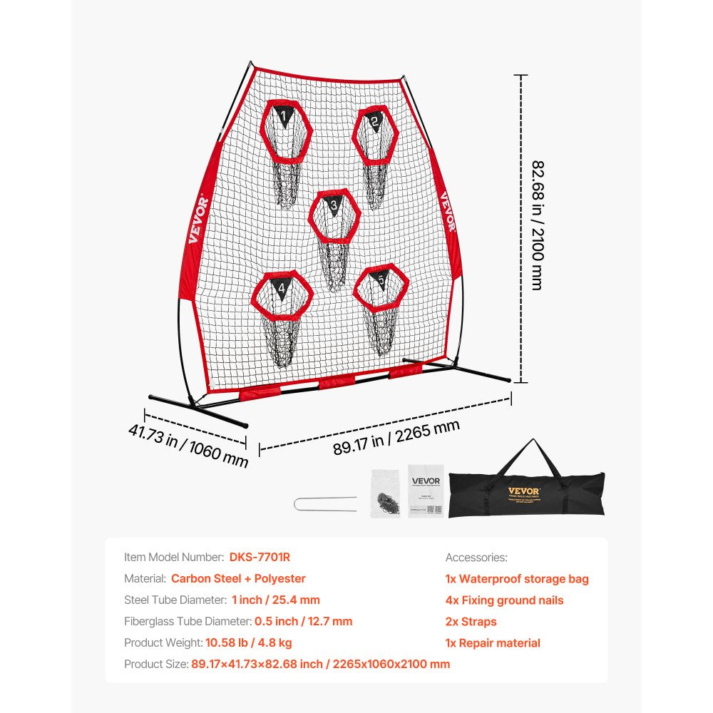 VEVOR 7 x 7 ft Football Trainer Throwing Net, Training Throwing Target Practice Net with 5 Target Pockets, Knotless Net Includes Straps and Portable Carry Case, Improve QB Throwing Accuracy, Red
