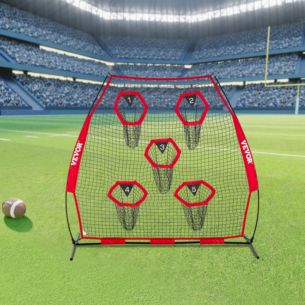 VEVOR 7 x 7 ft Football Trainer Throwing Net, Training Throwing Target Practice Net with 5 Target Pockets, Knotless Net Includes Straps and Portable Carry Case, Improve QB Throwing Accuracy, Red
