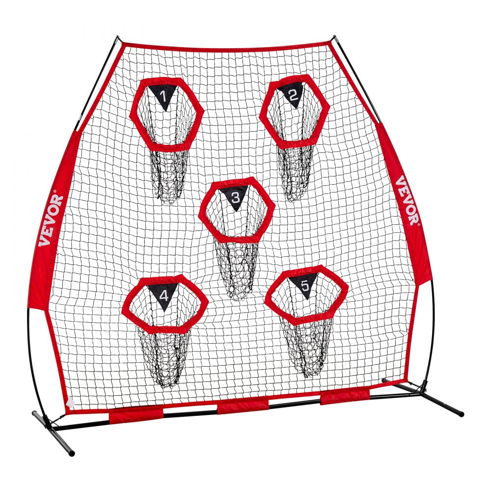 VEVOR 7 x 7 ft Football Trainer Throwing Net, Training Throwing Target Practice Net with 5 Target Pockets, Knotless Net Includes Straps and Portable Carry Case, Improve QB Throwing Accuracy, Red