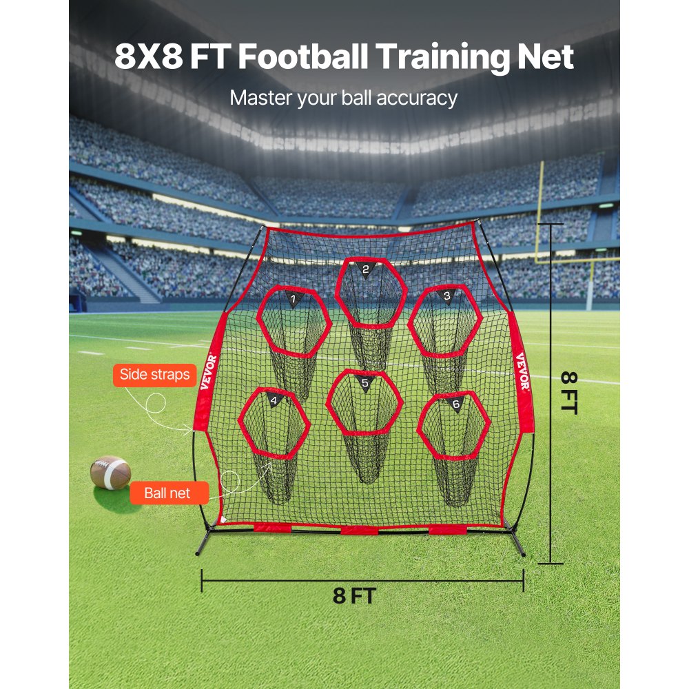 VEVOR 8 x 8 ft Football Trainer Throwing Net, Training Throwing Target Practice Net with 6 Target Pockets, Knotless Net Includes Straps and Portable Carry Case, Improve QB Throwing Accuracy, Red