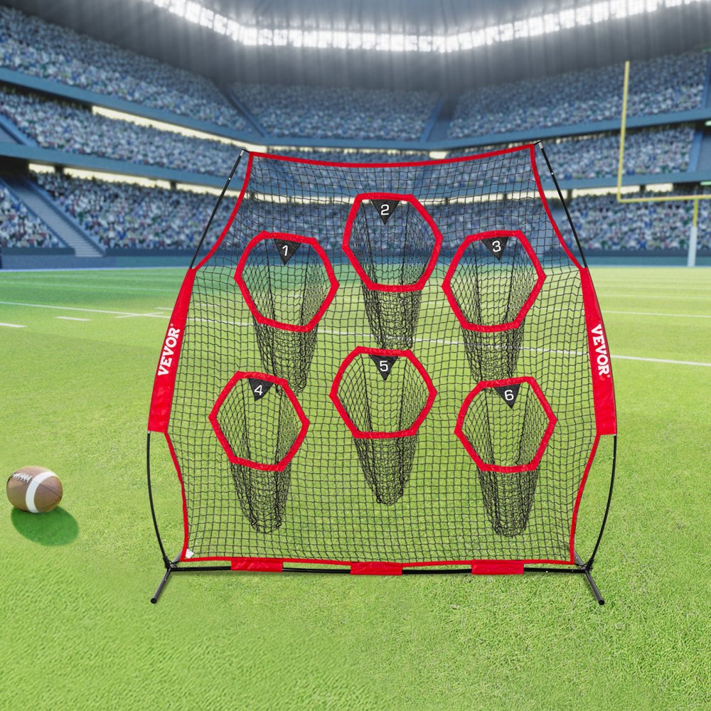 VEVOR 8 x 8 ft Football Trainer Throwing Net, Training Throwing Target Practice Net with 6 Target Pockets, Knotless Net Includes Straps and Portable Carry Case, Improve QB Throwing Accuracy, Red