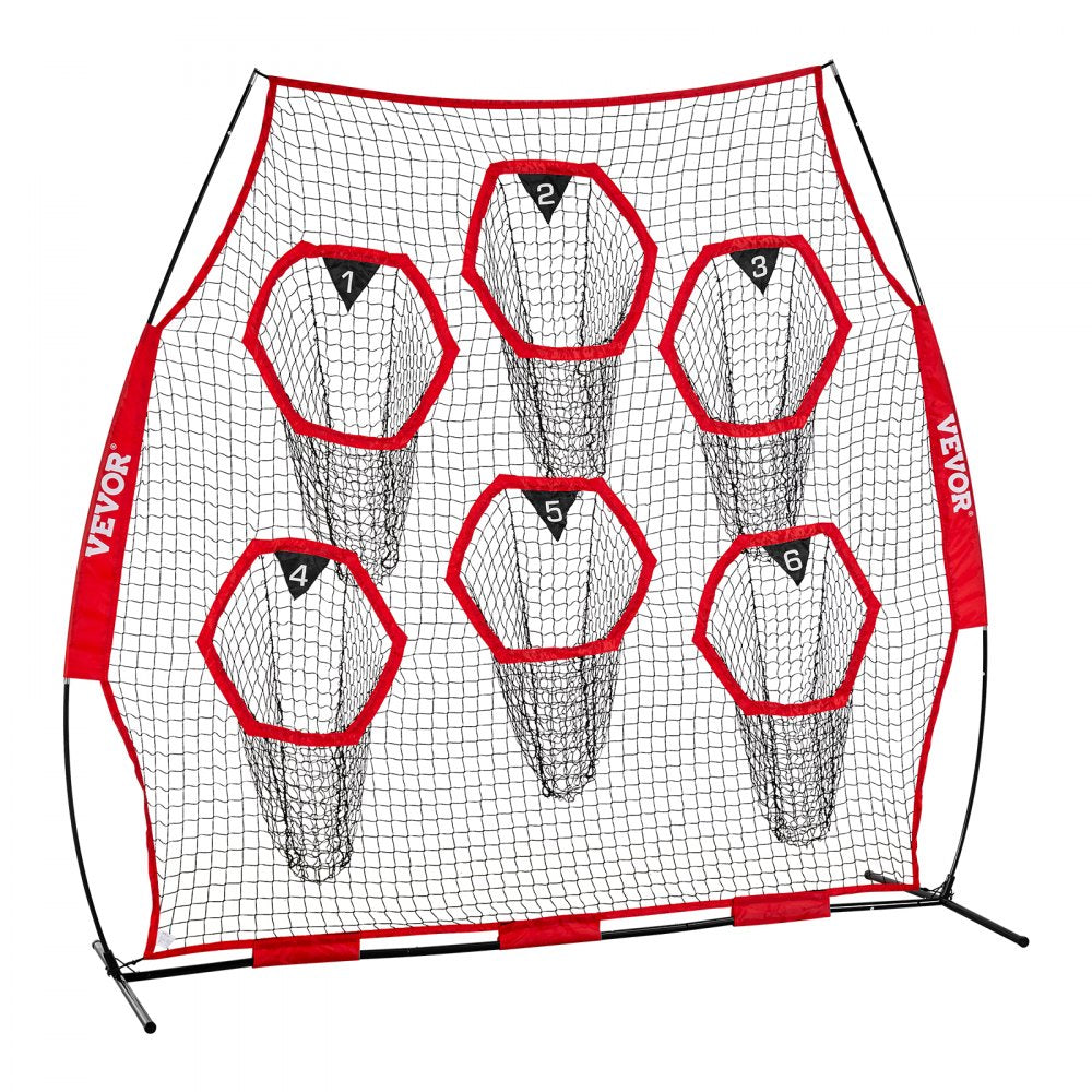 VEVOR 8 x 8 ft Football Trainer Throwing Net, Training Throwing Target Practice Net with 6 Target Pockets, Knotless Net Includes Straps and Portable Carry Case, Improve QB Throwing Accuracy, Red