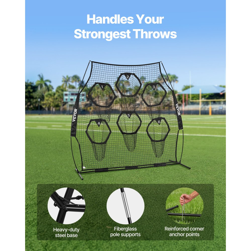 VEVOR 8 x 8 ft Football Trainer Throwing Net, Training Throwing Target Practice Net with 6 Target Pockets, Knotless Net Includes Straps and Portable Carry Case, Improve QB Throwing Accuracy, Black