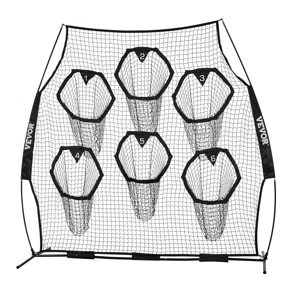 VEVOR 8 x 8 ft Football Trainer Throwing Net, Training Throwing Target Practice Net with 6 Target Pockets, Knotless Net Includes Straps and Portable Carry Case, Improve QB Throwing Accuracy, Black