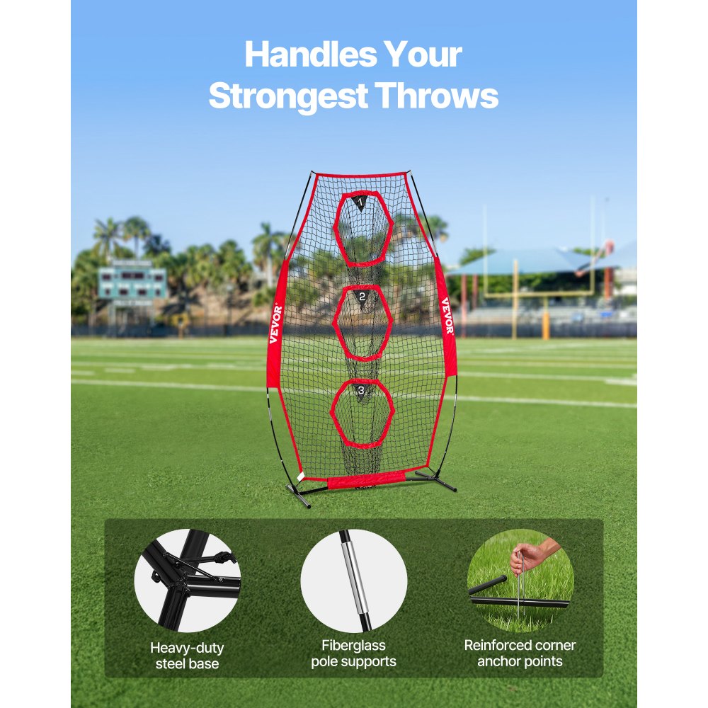 VEVOR 8 x 4 inch Football Trainer Throwing Net, Training Throwing Target Practice Net with 5 Target Pockets, Knotless Net Includes Straps and Portable Carry Case, Improve QB Throwing Accuracy, Red