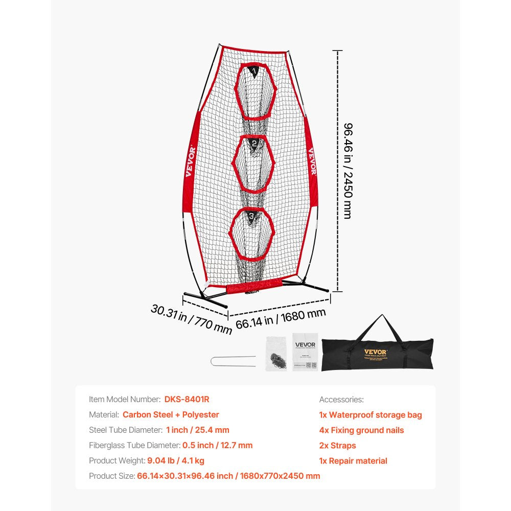 VEVOR 8 x 4 inch Football Trainer Throwing Net, Training Throwing Target Practice Net with 5 Target Pockets, Knotless Net Includes Straps and Portable Carry Case, Improve QB Throwing Accuracy, Red