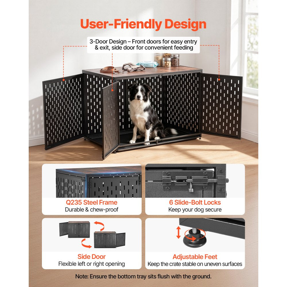 VEVOR Dog Crate Furniture, 42 Inch Heavy Duty Dog Kennel Furniture Indoor for Small & Medium Dogs, Steel Decorative Pet Cage House End Table with 3 Doors, Detachable Tray & Escape-Proof Locks, Black