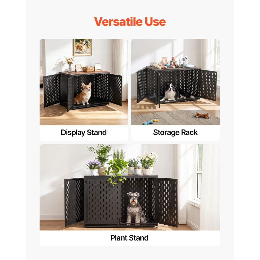 VEVOR Dog Crate Furniture, 42 Inch Heavy Duty Dog Kennel Furniture Indoor for Small & Medium Dogs, Steel Decorative Pet Cage House End Table with 3 Doors, Detachable Tray & Escape-Proof Locks, Black