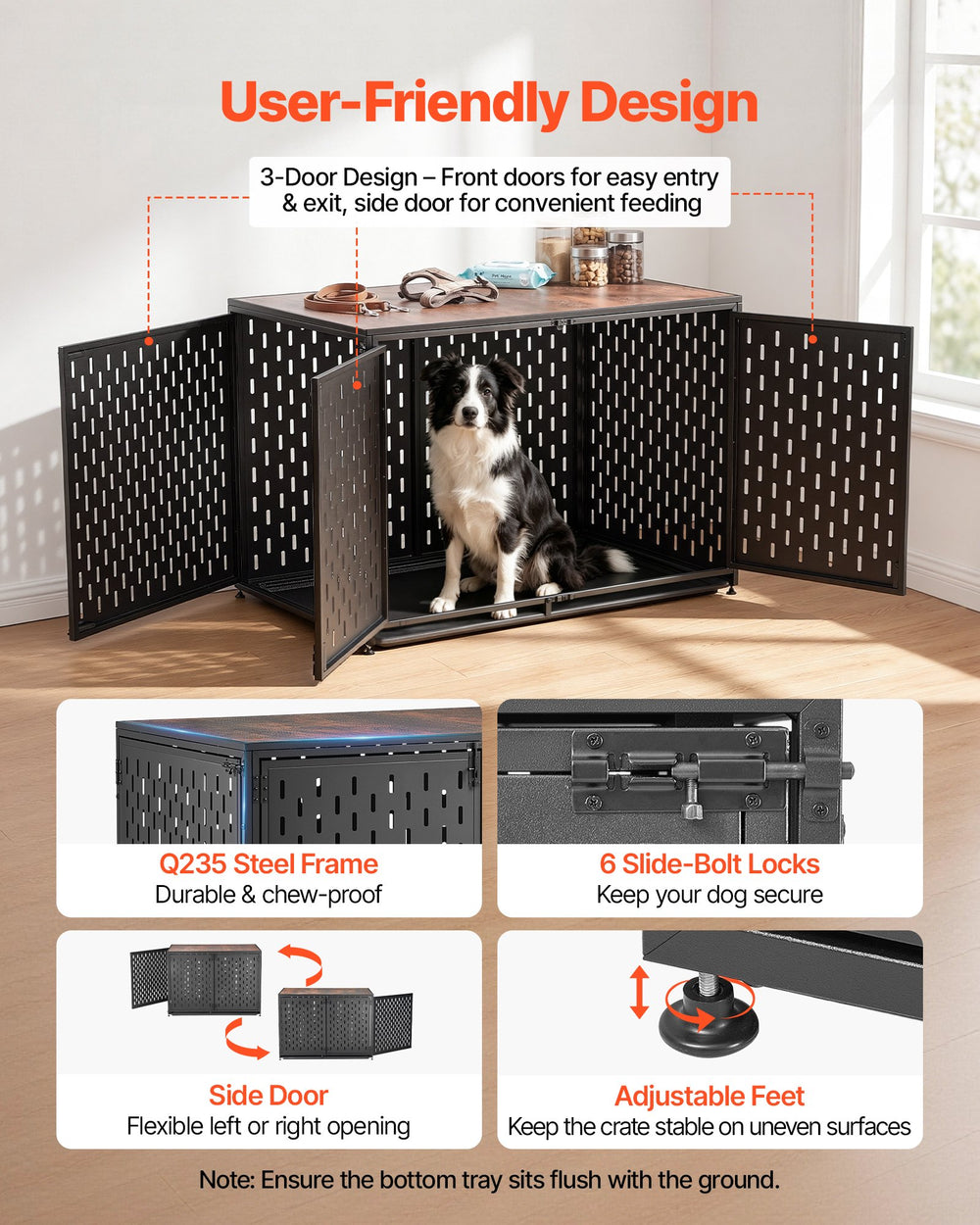 VEVOR Dog Crate Furniture, 42 Inch Heavy Duty Dog Kennel Furniture Indoor for Small & Medium Dogs, Steel Decorative Pet Cage House End Table with 3 Doors, Detachable Tray & Escape-Proof Locks, Black