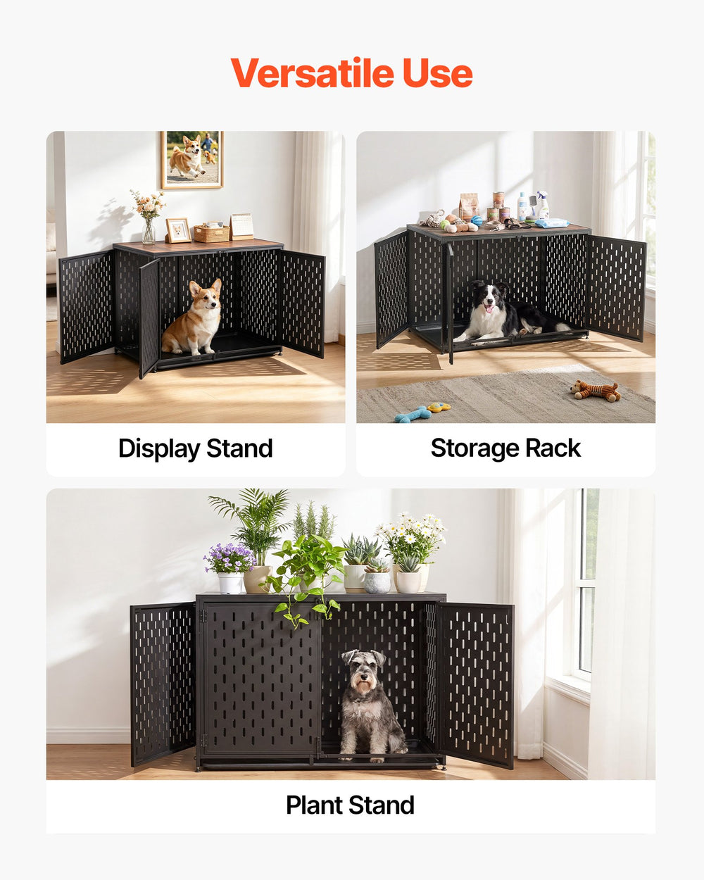 VEVOR Dog Crate Furniture, 42 Inch Heavy Duty Dog Kennel Furniture Indoor for Small & Medium Dogs, Steel Decorative Pet Cage House End Table with 3 Doors, Detachable Tray & Escape-Proof Locks, Black
