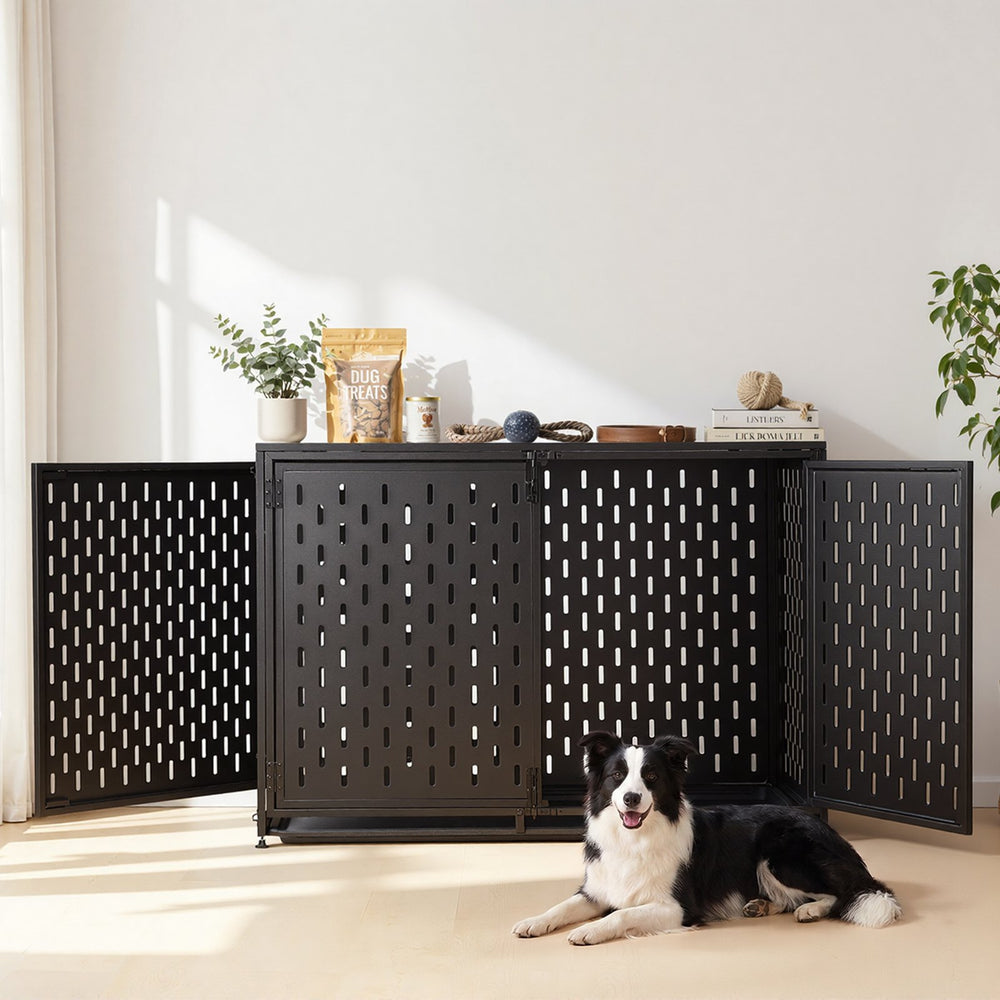 VEVOR Dog Crate Furniture, 42 Inch Heavy Duty Dog Kennel Furniture Indoor for Small & Medium Dogs, Steel Decorative Pet Cage House End Table with 3 Doors, Detachable Tray & Escape-Proof Locks, Black