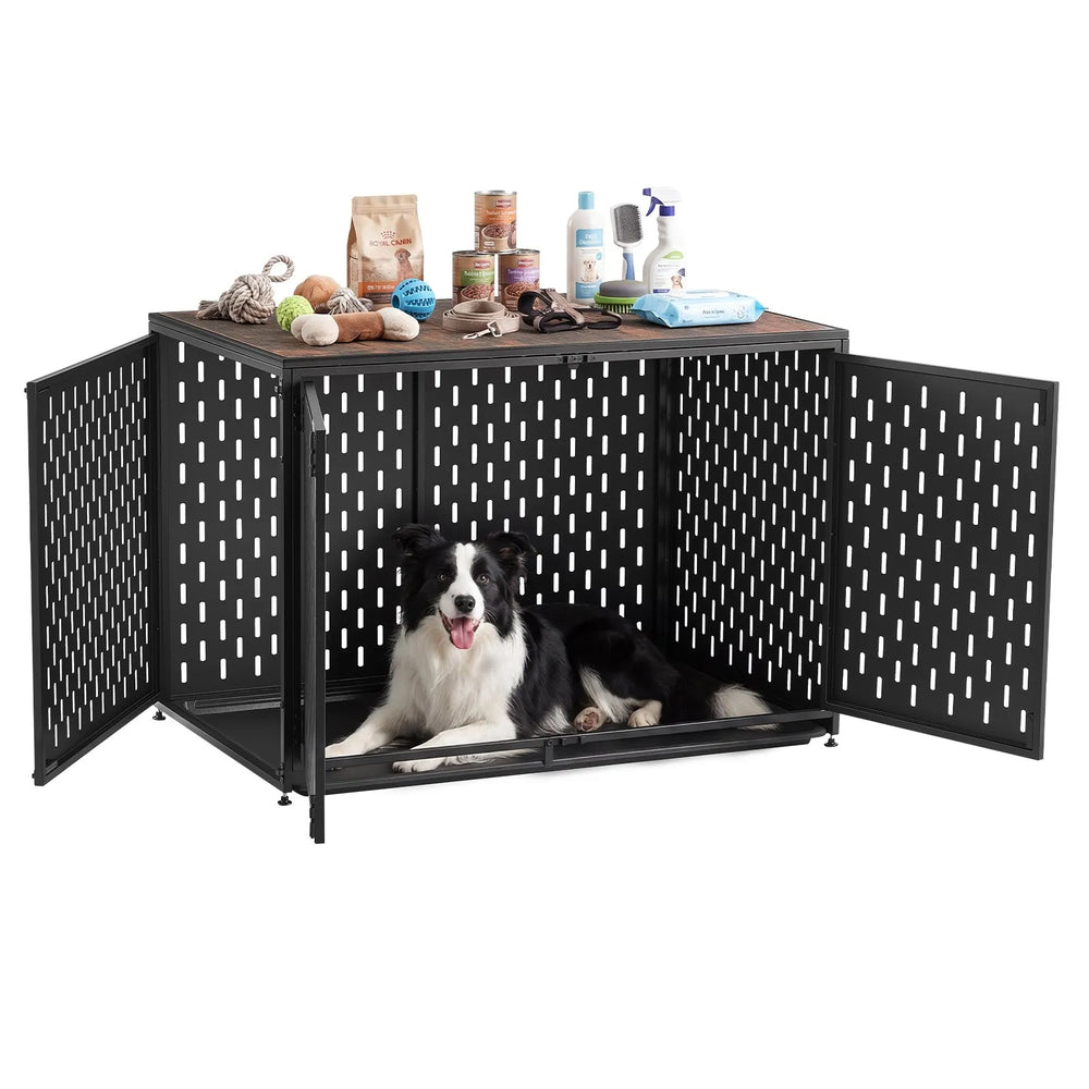 VEVOR Dog Crate Furniture, 42 Inch Heavy Duty Dog Kennel Furniture Indoor for Small & Medium Dogs, Steel Decorative Pet Cage House End Table with 3 Doors, Detachable Tray & Escape-Proof Locks, Black