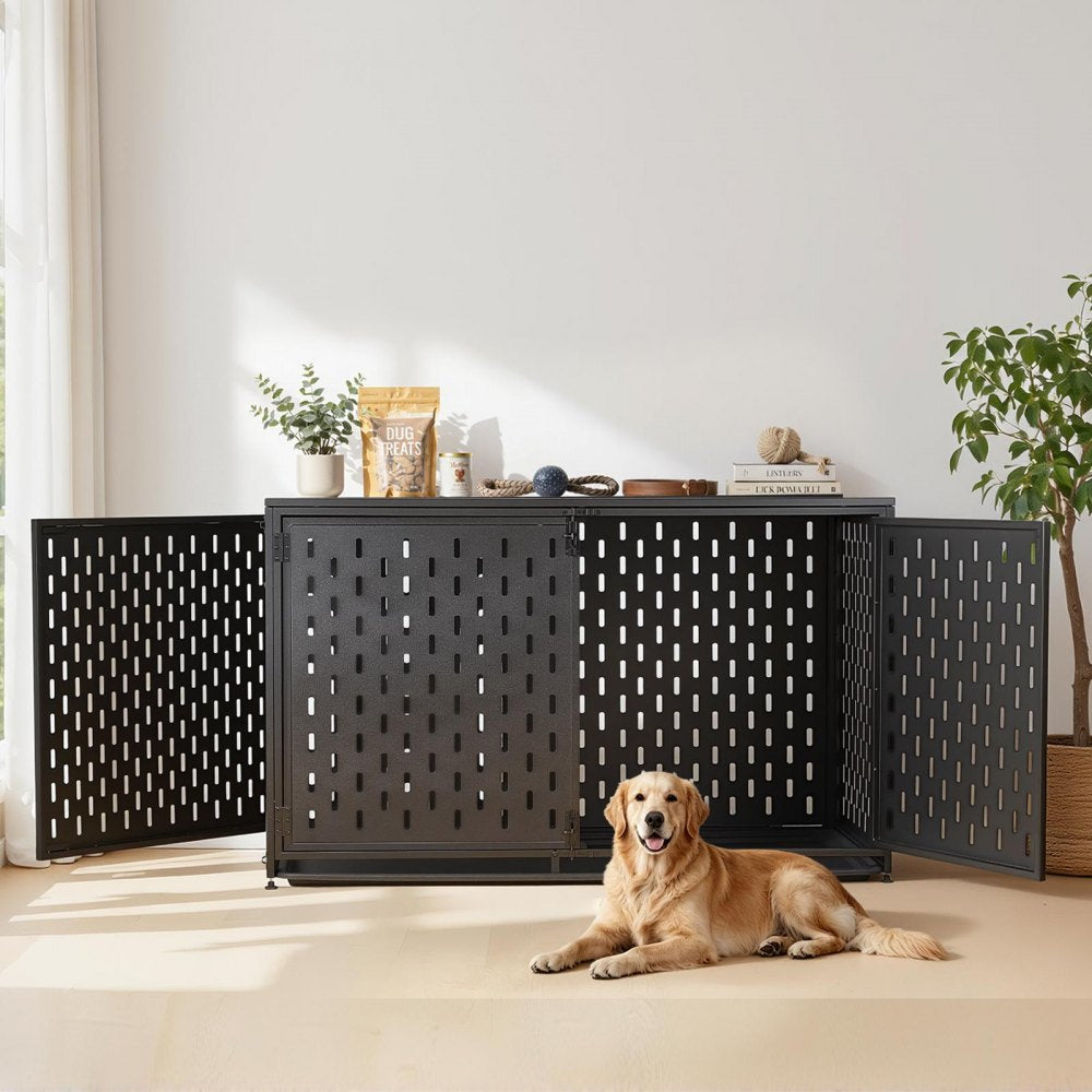 VEVOR Dog Crate Furniture, 48 Inch Heavy Duty Dog Kennel Furniture Indoor for Large Dogs, Sturdy Steel Decorative Pet Cage House End Table with 3 Doors, Detachable Tray & Escape-Proof Locks, Black