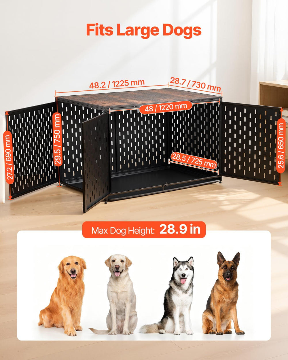 VEVOR Dog Crate Furniture, 48 Inch Heavy Duty Dog Kennel Furniture Indoor for Large Dogs, Sturdy Steel Decorative Pet Cage House End Table with 3 Doors, Detachable Tray & Escape-Proof Locks, Black