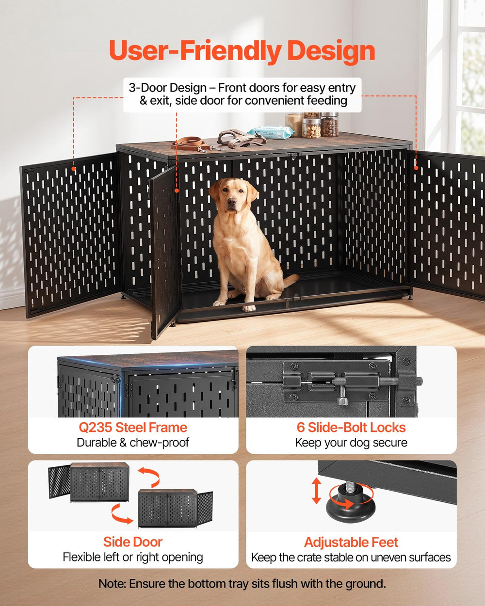 VEVOR Dog Crate Furniture, 48 Inch Heavy Duty Dog Kennel Furniture Indoor for Large Dogs, Sturdy Steel Decorative Pet Cage House End Table with 3 Doors, Detachable Tray & Escape-Proof Locks, Black