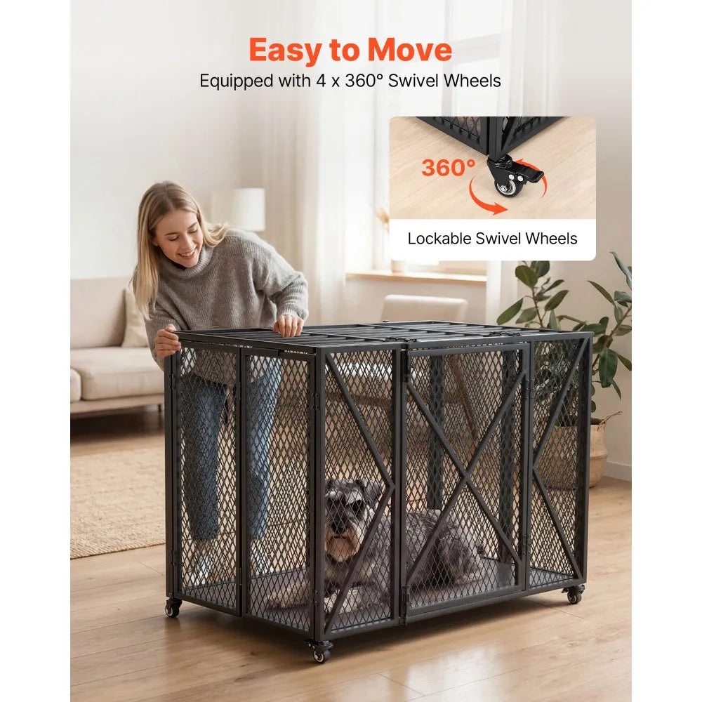 VEVOR 38 Inch Heavy Duty Dog Crate, Max Load 250 lbs, Foldable Indestructible Escape-Proof Dog Kennel Indoor for High Anxiety Small & Medium Breeds, Steel Pet Cage with Double Doors & Lockable Wheels