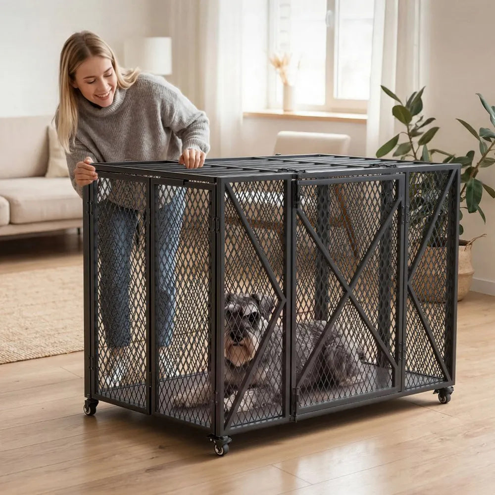 VEVOR 38 Inch Heavy Duty Dog Crate, Max Load 250 lbs, Foldable Indestructible Escape-Proof Dog Kennel Indoor for High Anxiety Small & Medium Breeds, Steel Pet Cage with Double Doors & Lockable Wheels