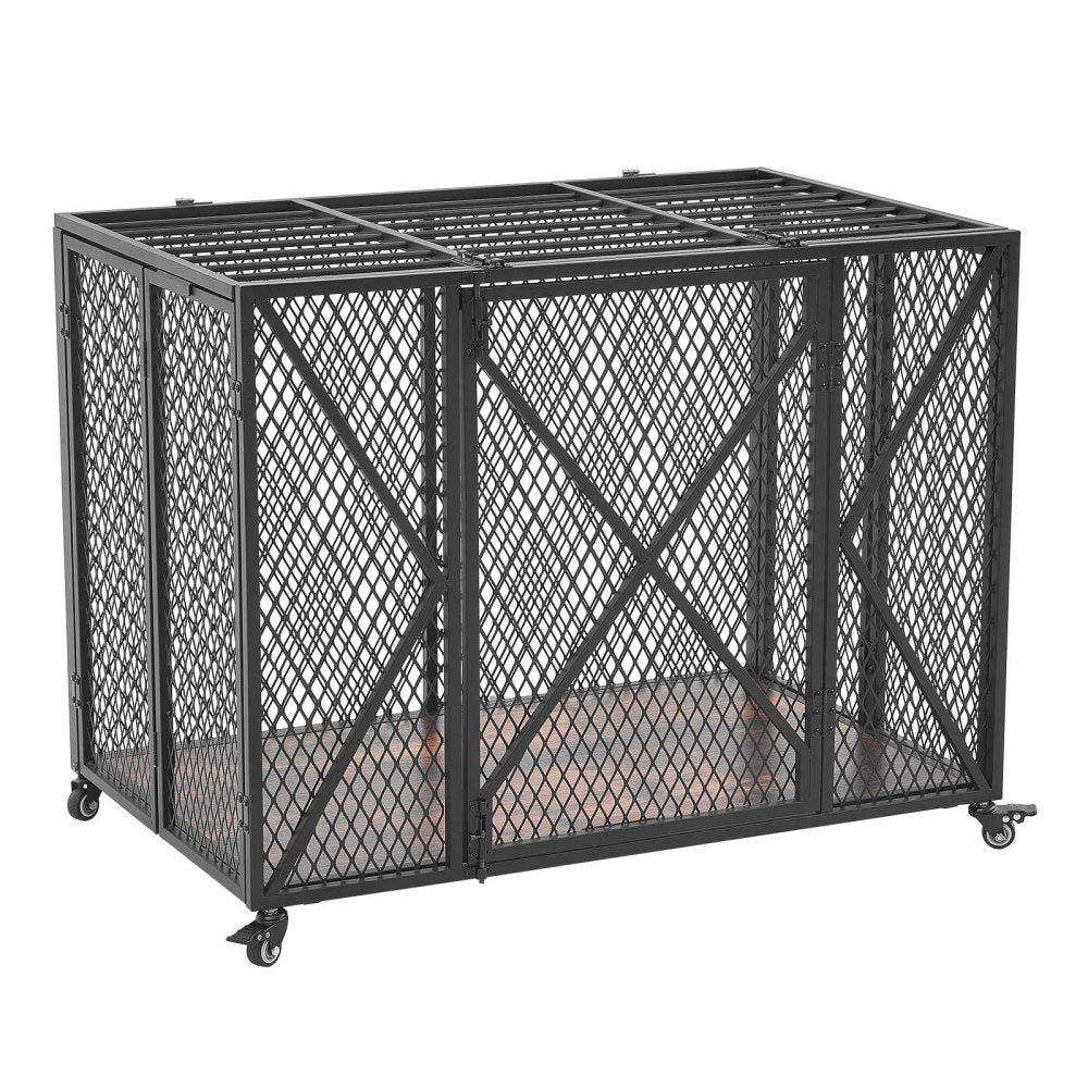 VEVOR 38 Inch Heavy Duty Dog Crate, Max Load 250 lbs, Foldable Indestructible Escape-Proof Dog Kennel Indoor for High Anxiety Small & Medium Breeds, Steel Pet Cage with Double Doors & Lockable Wheels