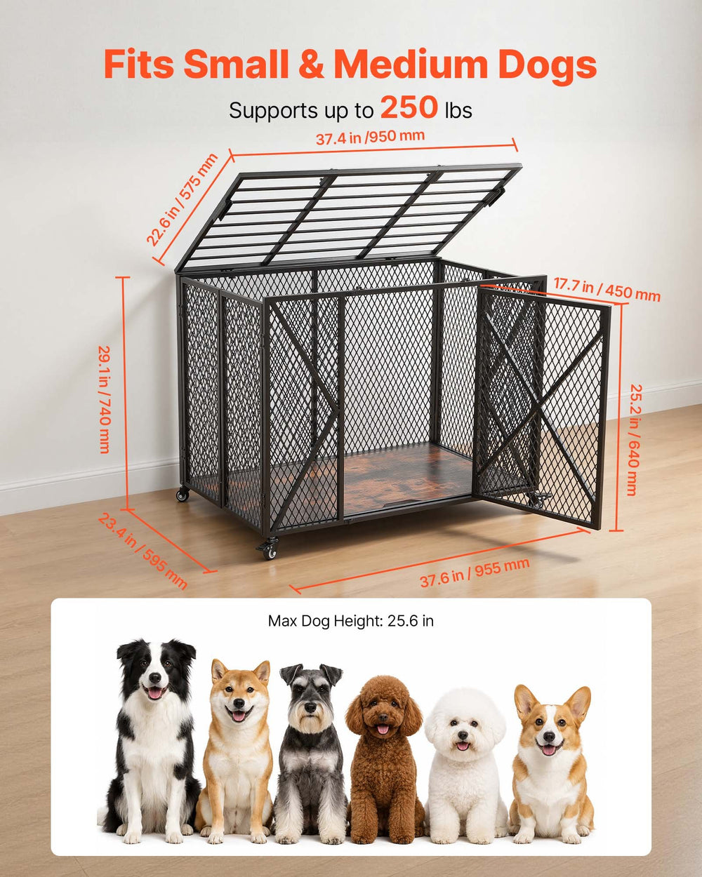 VEVOR 38 Inch Heavy Duty Dog Crate, Max Load 250 lbs, Foldable Indestructible Escape-Proof Dog Kennel Indoor for High Anxiety Small & Medium Breeds, Steel Pet Cage with Double Doors & Lockable Wheels
