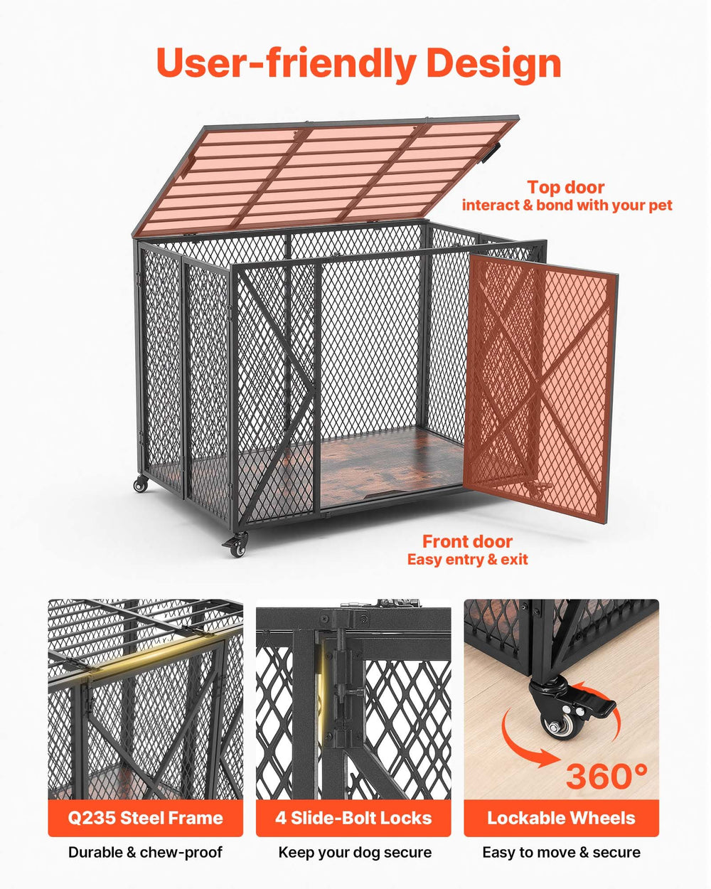 VEVOR 38 Inch Heavy Duty Dog Crate, Max Load 250 lbs, Foldable Indestructible Escape-Proof Dog Kennel Indoor for High Anxiety Small & Medium Breeds, Steel Pet Cage with Double Doors & Lockable Wheels