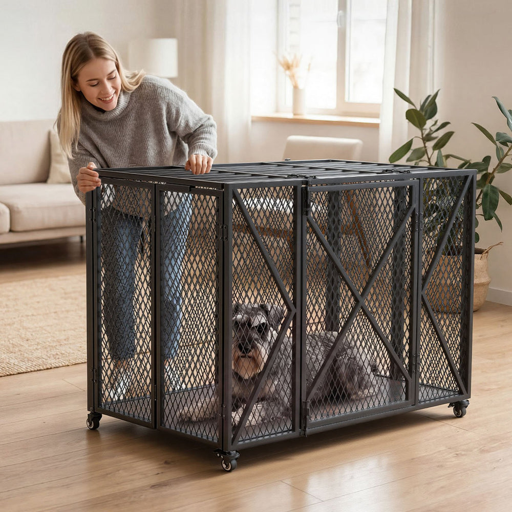 VEVOR 38 Inch Heavy Duty Dog Crate, Max Load 250 lbs, Foldable Indestructible Escape-Proof Dog Kennel Indoor for High Anxiety Small & Medium Breeds, Steel Pet Cage with Double Doors & Lockable Wheels