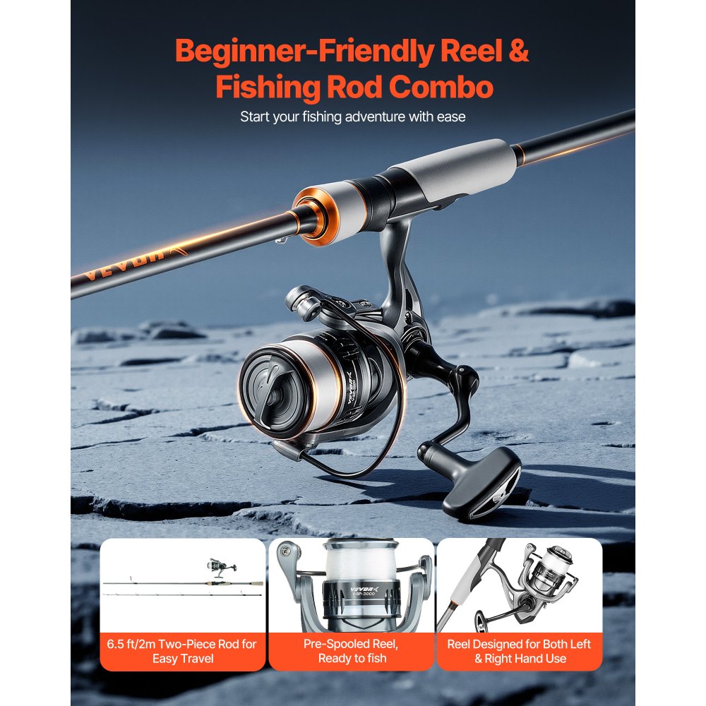 VEVOR Rod and Fishing Reel Combo, IM6 Carbon Fiber Spinning Rod and Reel Combo, Bass Fishing Pole with 6.5 ft Two-Piece Rods, 7+1 Ball Bearings, EVA Handle, Stainless Steel Guides with Ceramic Rings