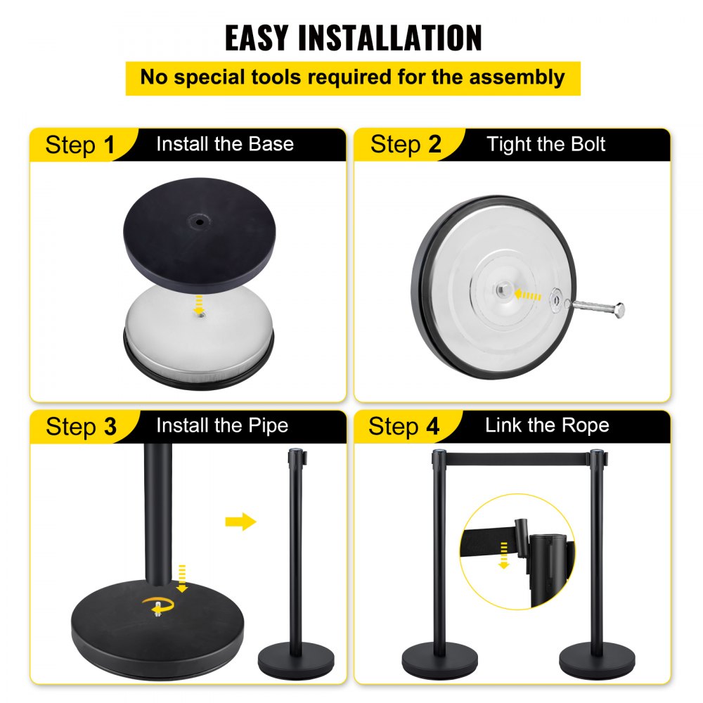 VEVOR Crowd Control Stanchion, Set of 4 Pieces Stanchion Set, Stanchion Set with 6.6 ft/2 m Black Retractable Belt, Black Crowd Control Barrier with Concrete and Metal Base – Easy Connect Assembly