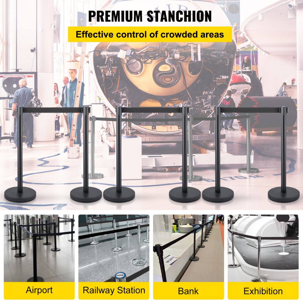 VEVOR Crowd Control Stanchion, Set of 6 Pieces Stanchion Set, Stanchion Set with 6.6 ft/2 m Black Retractable Belt, Black Crowd Control Barrier with Concrete and Metal Base - Easy Connect Assembly