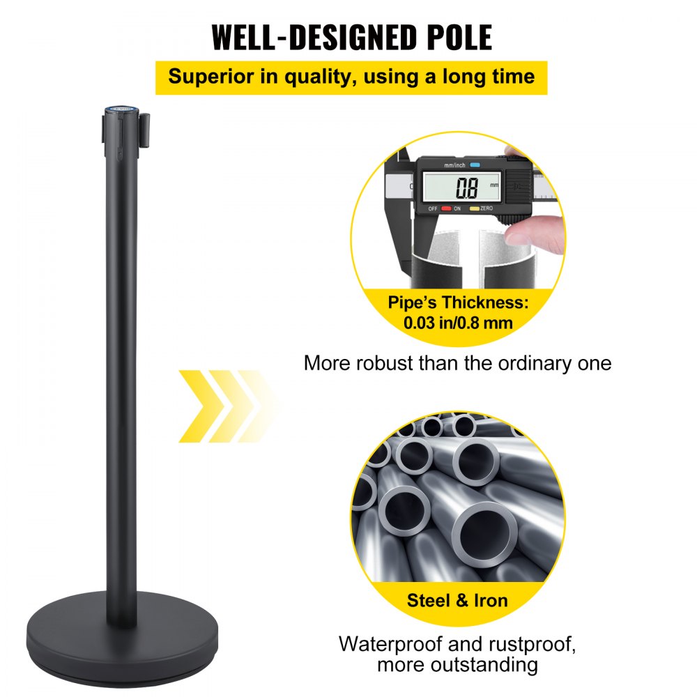 VEVOR Crowd Control Stanchion, Set of 6 Pieces Stanchion Set, Stanchion Set with 6.6 ft/2 m Black Retractable Belt, Black Crowd Control Barrier with Concrete and Metal Base - Easy Connect Assembly