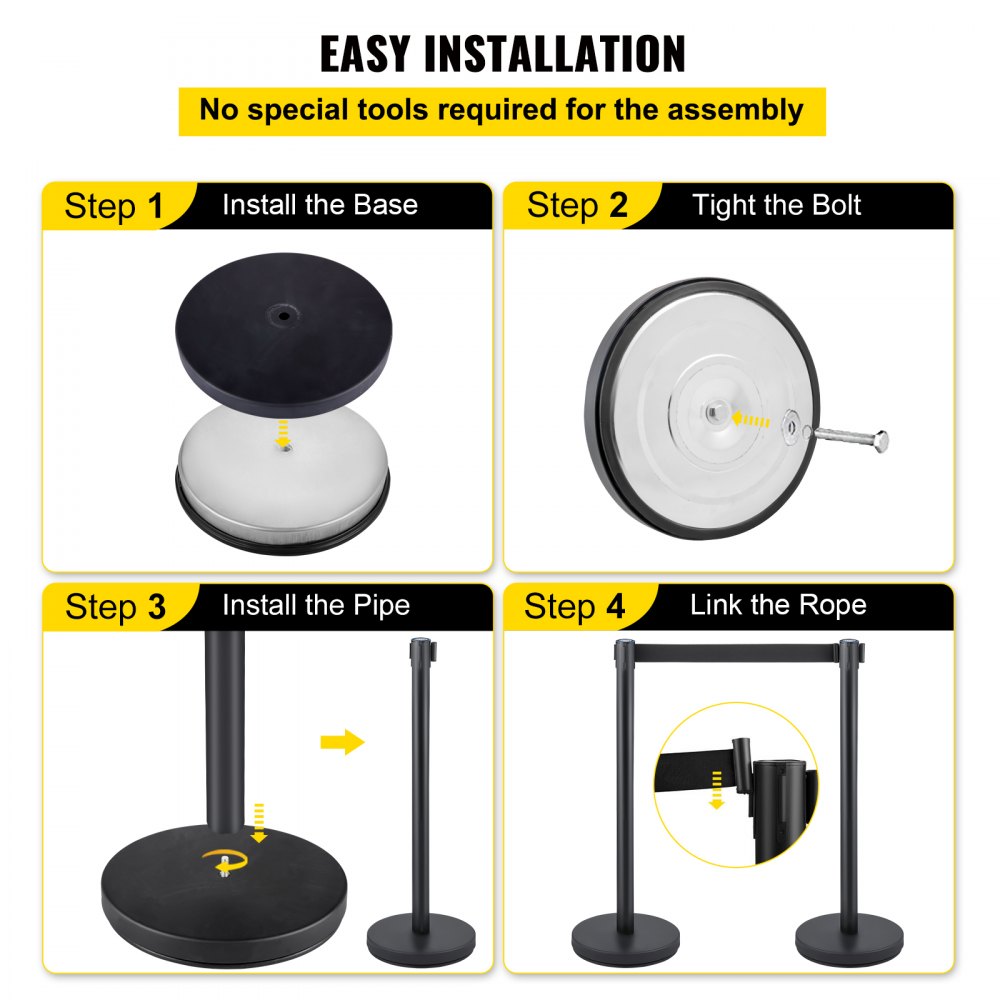 VEVOR Crowd Control Stanchion, Set of 6 Pieces Stanchion Set, Stanchion Set with 6.6 ft/2 m Black Retractable Belt, Black Crowd Control Barrier with Concrete and Metal Base - Easy Connect Assembly