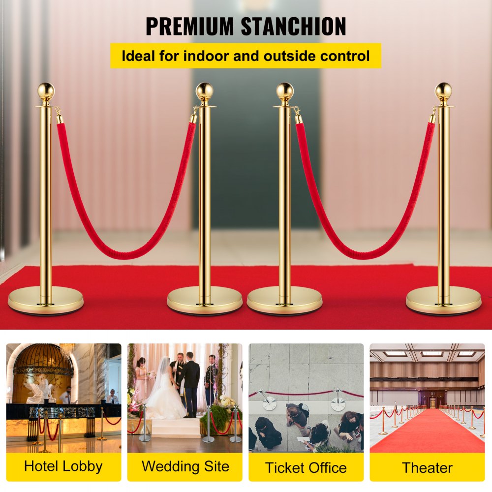 VEVOR Crowd Control Stanchion, Set of 4 Pieces Stanchion Set, Stanchion Set with 5 ft/1.5 m Red Velvet Rope, Crowd Control Barrier