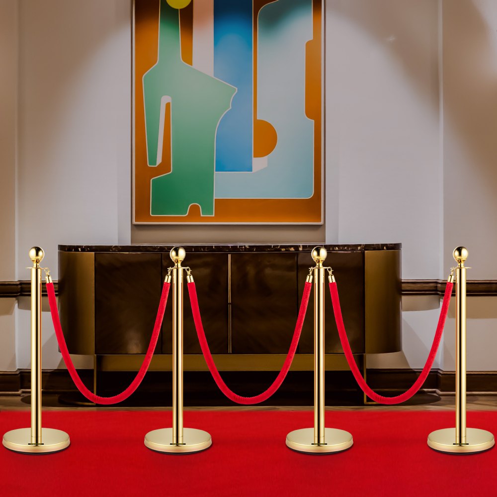 VEVOR 4PCS Gold Stanchion Posts Queue, 38 Inch Red Velvet Rope, Crowd Control Barriers Queue Line Rope, Barriers for Party Supplies