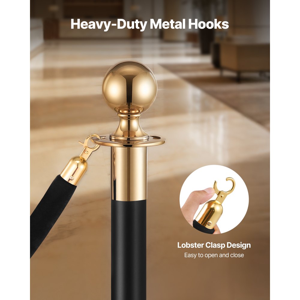 VEVOR 2 Pcs Black Velvet Stanchion Ropes, 5 ft Crowd Control Stanchion Black Velvet Ropes with Gold Hooks, Post Queue Barrier Carpet Rope for Carpet Events Movie Theaters Grand Openings Hotels Party