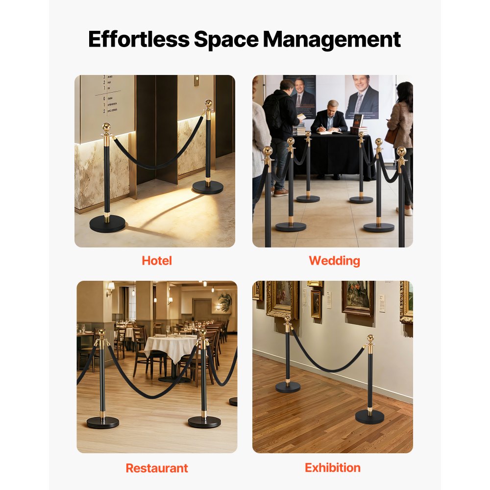 VEVOR 2 Pcs Black Velvet Stanchion Ropes, 5 ft Crowd Control Stanchion Black Velvet Ropes with Gold Hooks, Post Queue Barrier Carpet Rope for Carpet Events Movie Theaters Grand Openings Hotels Party