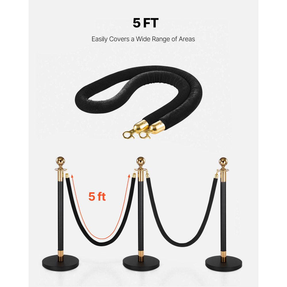 VEVOR 4 Pcs Black Velvet Stanchion Ropes, 5 ft Crowd Control Stanchion Black Velvet Ropes with Gold Hooks, Post Queue Barrier Carpet Rope for Carpet Events Movie Theaters Grand Openings Hotels Party